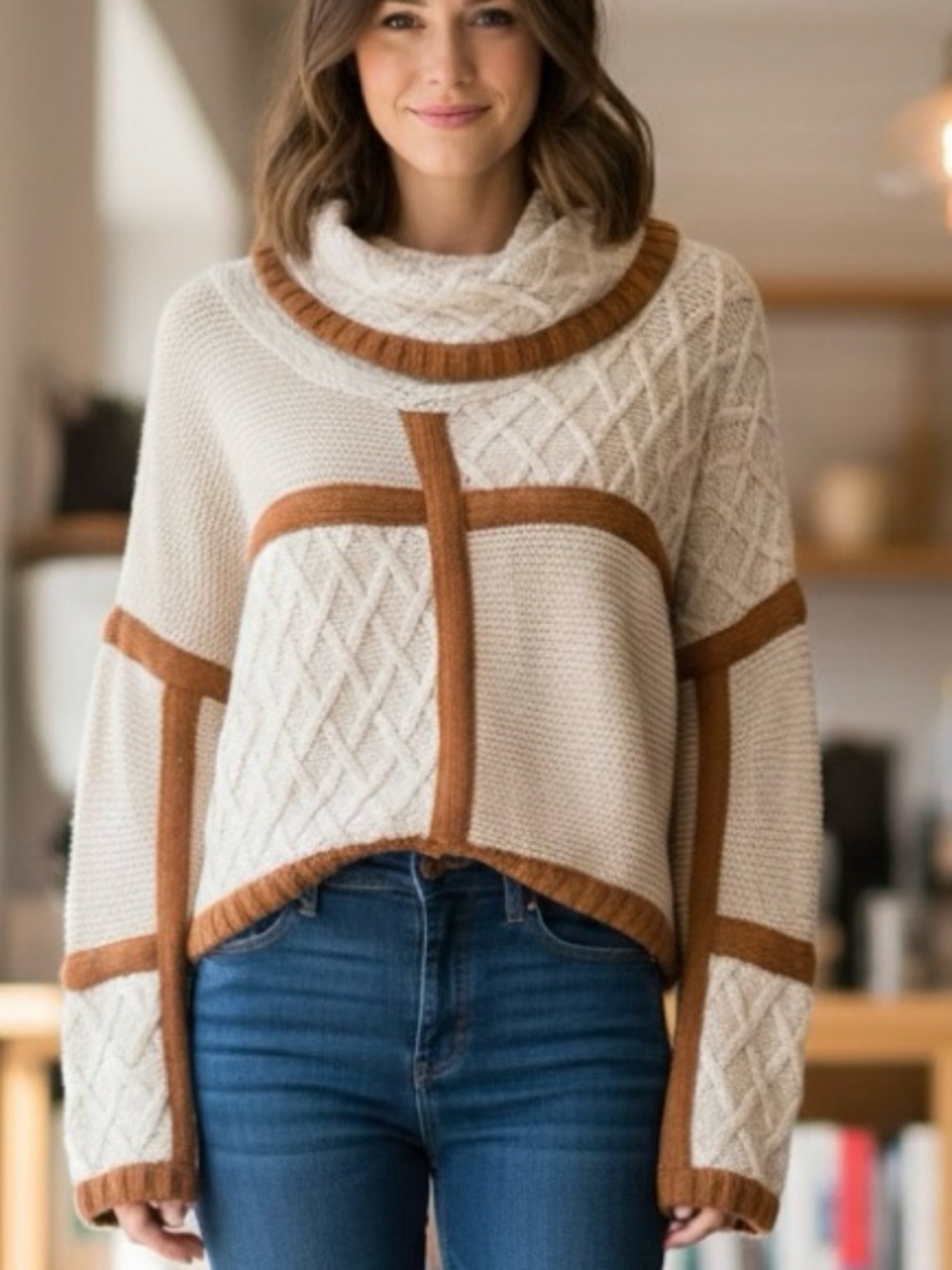 525 America Cashmere Wool Blend Cowl Neck Cable Knit Sweater Size S